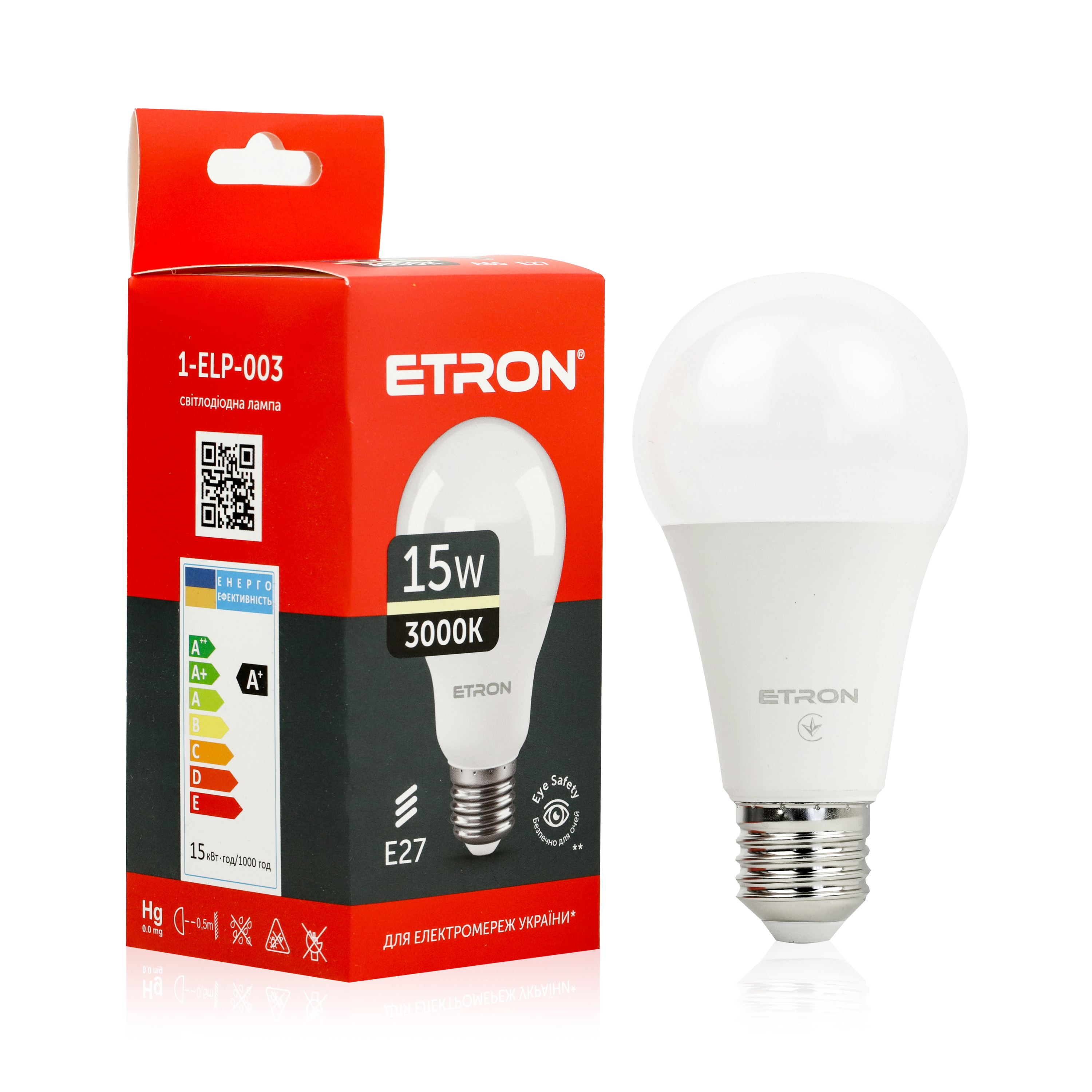 Світлодіодна LED лампа ETRON 15W A65 3000K E27 тепле світло 1-ELP-003